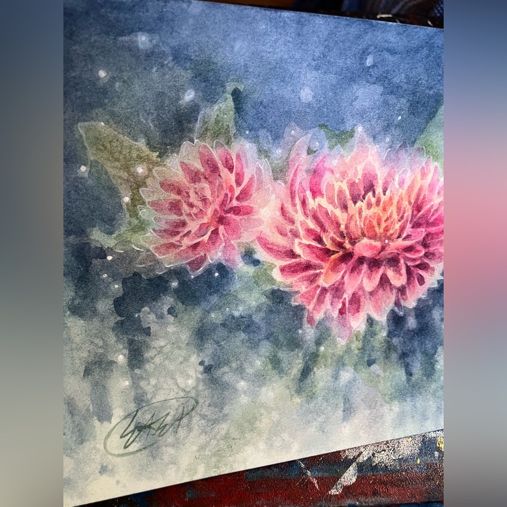 Original Chrysanthemum floral watercolor handmade home decor artwork Artettina - Picture 5 of 8